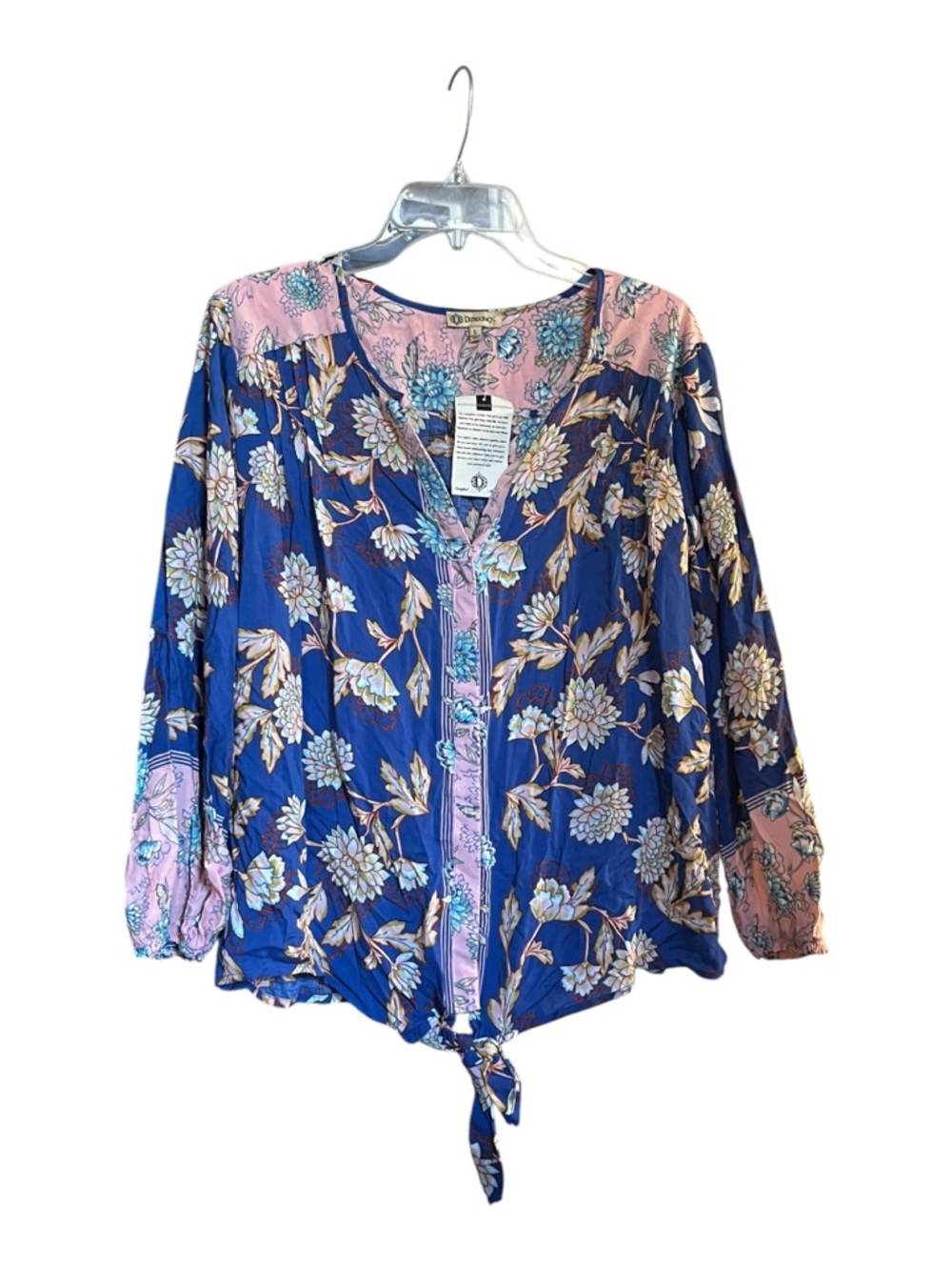 Democracy Galaxy Blue/Pink Contrast Floral Tie-Front Boho Blouse Smocked cuffs.